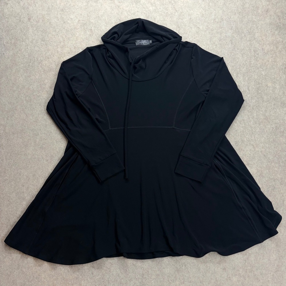 Sympli Black Cowl Neck Hooded Tunic Top Swing Dress Flared Empire Waist Size 14